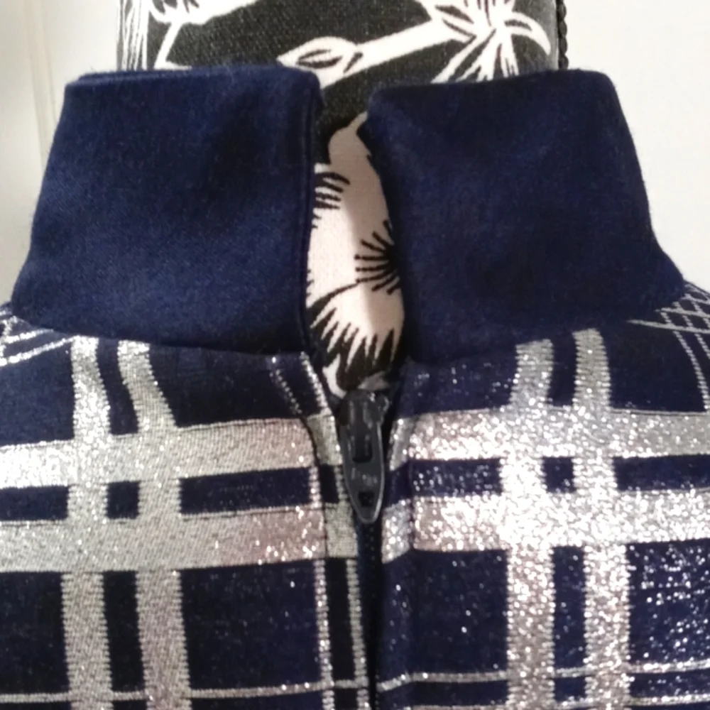💙VTG 1960s Oscar de la Renta💙 - Navy Silk & Silver Metallic Plaid Mod Dress - Picture 8 of 16